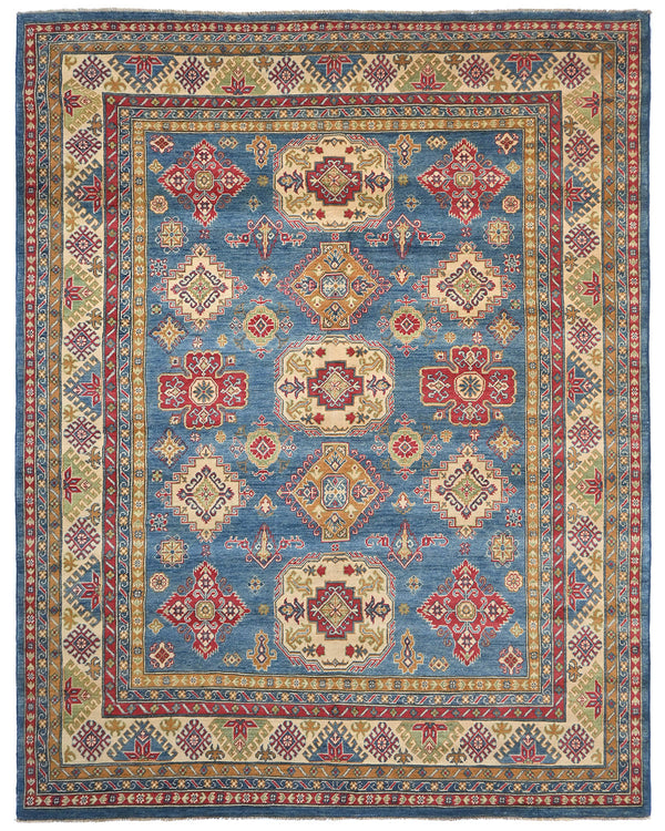 8x10 Blue Kuba Afghan Hand Knotted Wool Area Rug